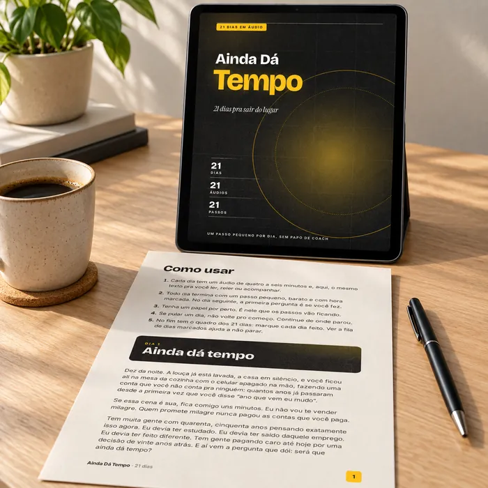 Tablet com a capa do Ainda Dá Tempo e, na frente, a página impressa do Como usar, com caneta e café