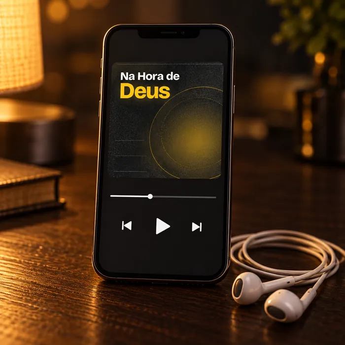 Celular em pé com um reprodutor de áudio mostrando a capa do Na Hora de Deus e um fone de ouvido ao lado, sobre uma mesa de madeira escura